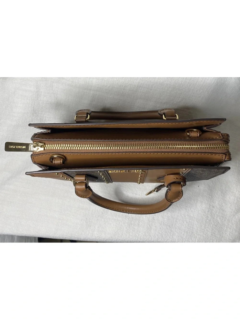 Michael Kors Tan and Brown Logo Stripe Satchel